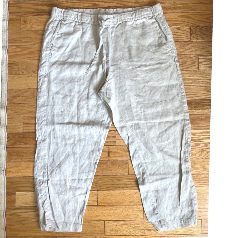 Pure‎ Jill Linen Pants Womens M Oatmeal Beige Drawstring Tapered Crop